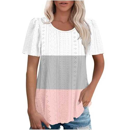 T Shirts for Women UK Loose Fit Short Sleeve Summer Tops Eyelet Blouse Dressy Tunic Crew Neck T Shirt Hollow Out Breathable Tshirts Summer Casual Clothes Ladies Tees Going Out Tops