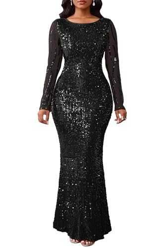 VERWIN Women's Sequins Dress Bodycon Dress Round Neck Long Sleeve Sparkly Mermaid Maxi Dress Casual Party Cocktail Dress