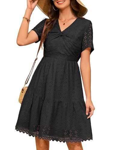 DRESSTELLS Summer Dresses for Women UK, Short Sleeves V-Neck Midi Hollow Out Eyelet Lace Casual Beach Dress 2025