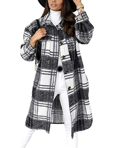 Unilexi Womens Long Plaid Shacket Brushed Flannel Lapel Button Down Shirt Jacket Wool Blend Tartan Coat