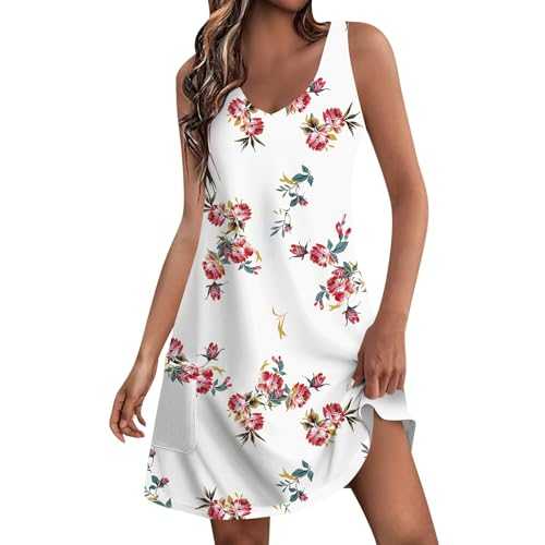 Spring Dresses for Women 2024 V Neck T-Shirts Dress Beach Printed Sundress with Pockets Loose Sleeveless Dress