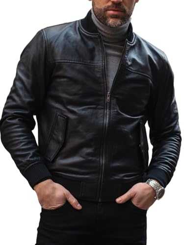 TLC Fashion Men's Leather Varsity Jacket - Black Leather Bomber Jacket for Men
