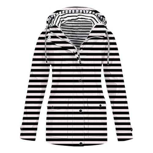 Women's Windproof Jacket UK 2024 Fall Long Sleeve Drawstring Zipper Rain Coat Casual Striped Floral Print Overcoat Dressy Trendy Oversized Raincoat Loose Fit Outerwear with Pockets