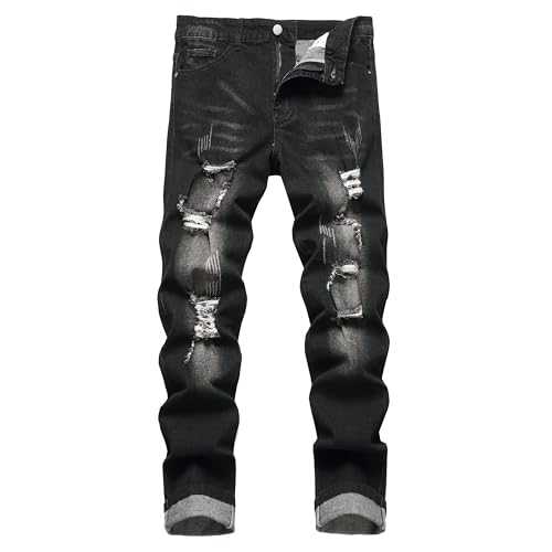 MXCVYCC Men's Ripped Straight Leg Jeans, Black, Slim Fit, Regular Length, Distressed Design