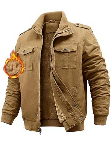 Niwicee Winter Jackets for Men Fleece Lined Cargo Jackets Thick Warm Military Cotton Coat Lapel Collar with Multi Pocket Thermal Trucker Jackets Windbreaker Casual Outwear Coat