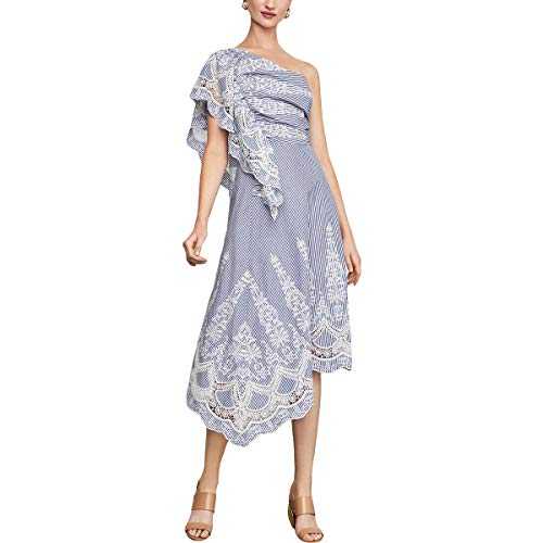 BCBGMAXAZRIA Women's One Shoulder Embroidered Stripe Dress, Blue Combo, 6