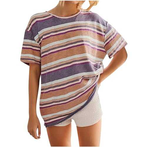Women's T-shirts Oversized Striped Color Block Tshirts Trendy Short Sleeve V Neck Loose Fit Blouses Drop Shoulder Lightweight T Shirts Going Out Workout Baggy T-Shirt Top