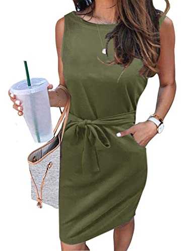 MEROKEETY Womens Summer Sleeveless Striped T Shirt Dress Casual Crew Neck Tie Waist Mini Dresses