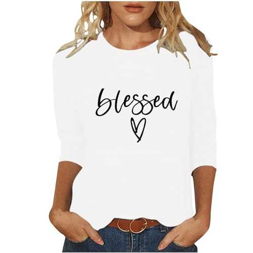 NSICBMNO Summer Tops for Women UK 3/4 Sleeve Tops Blessed T Shirt Heart Tops Valentines Tops Round Neck T Shirts Longline Shirts Tunic Blouse Shirts Baseball Tshirts Casual Blouses Tunic Tops