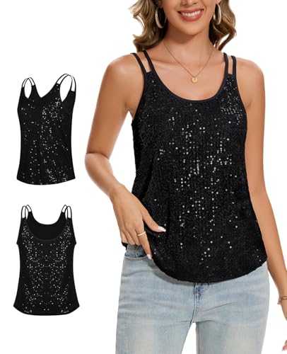 MINTLIMIT Sequin Vests Top for Womens Sexy Scoop Neck Double Shoulder Straps Sleeveless Full Body Lined Solid Tank Top Evening Party Sparkly Vest Tank Tops