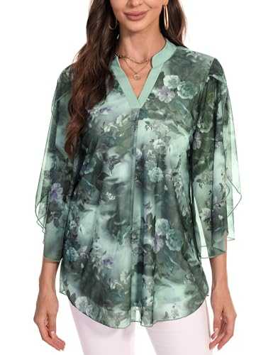 Gyabnw Women's Summer Tops UK Elegant Blouse 3/4 Sleeve Tunic Shirt Double Layers Mesh Top