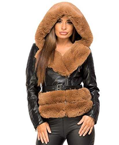 Lexi Fashion Womens PU PVC Faux Vegan Leather Fur Collar Hooded Biker Jacket