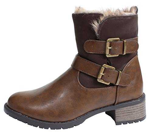 New Womans Ankle High Grip Sole Low Heel Black Brown Boots Sizes 3 4 5 6 7 8 Winter Warm Faux Fur Collar