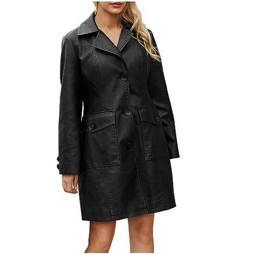 RLEHJN Leather Jacket for Women UK Sale Clearance Trench Coat Long Ladies Winter Coat Faux Leather Jacket Button Down Longline Coats Casual Overcoat Turn-Down Collar Long Sleeve Mid Length Outerwear