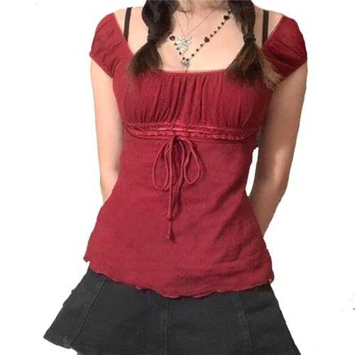 Women Sexy Off Shoulder Blouse Top Y2k Fairy Grunge Coquette Shirts Mesh Short Sleeve Lace Top 2000s Clothing