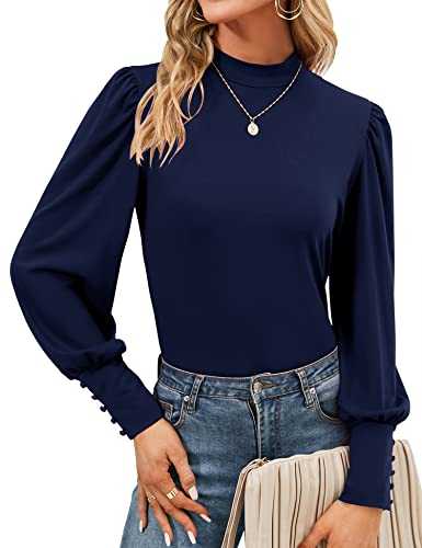 Qirno Womens Mock Neck Short Sleeve Tops Classic Puff Sleeve Bloulse Casual Button Cuffs Shirt