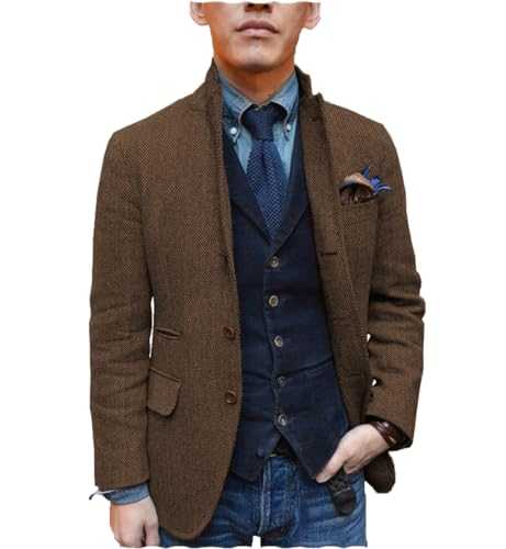 Tiavllya Mens Herringbone Tweed Suit Blazer Jacket Vintage Stand Collar Single Breasted Wool Coat