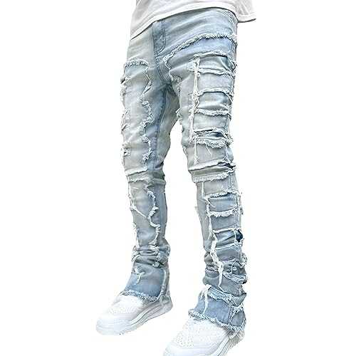 BiCophy Jeans for Men Ripped Stacked Jeans Distressed Destroyed Skinny Demin Pants Slim Fit Tapered Leg Moto Biker Jeans Fashion Hip Hop Streetwear Straight Trousers