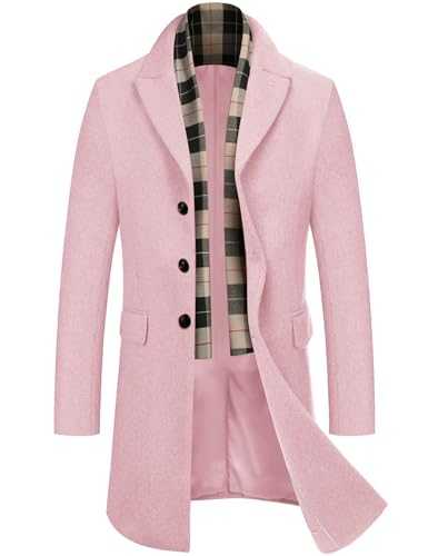 COOFANDY Men's Wool Blend Coat with Detachable Plaid Scarfs Notched Collar Single Breasted Pea Coat