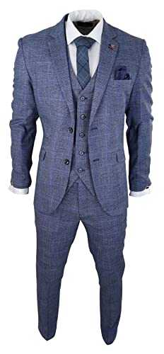 Mens 3 Piece Suit Blue Prince of Wales Check Tailored Fit Summer Classic Vintage