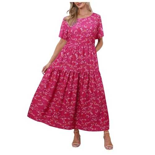 Celucke Women's Summer Midi Dresses, Women Casual Loose Bohemian Floral Dress with Pockets Short Sleeve Long Maxi Summer Beach Swing Dress, Ladies Plus Size Dresses, Sundresses for Women