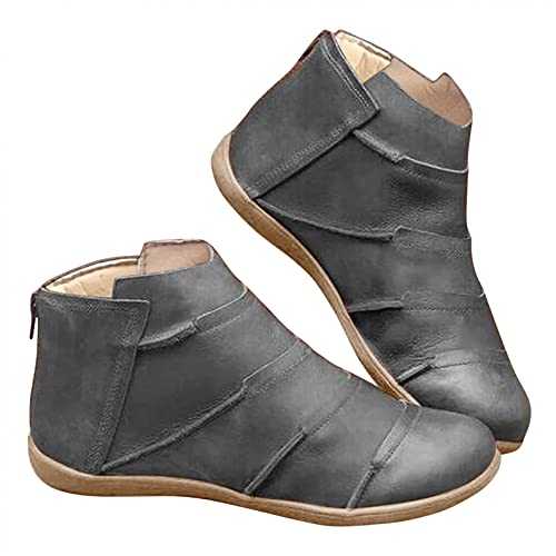 ZHIYAO Women's Retro Boots Flat Pleated Round Toe Slip On Pure Color Ankle Boots Ladies Autumn Vintage Casual Short Boots Vintage Shoes