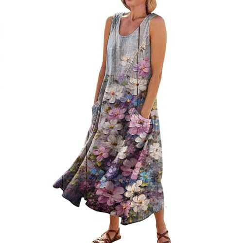 ODJOY-FAN Maxi Dresses for Women 2024 Round Neck Vacation Sleeveless Dress with Pockets Print Flowy Cotton Linen Dresses