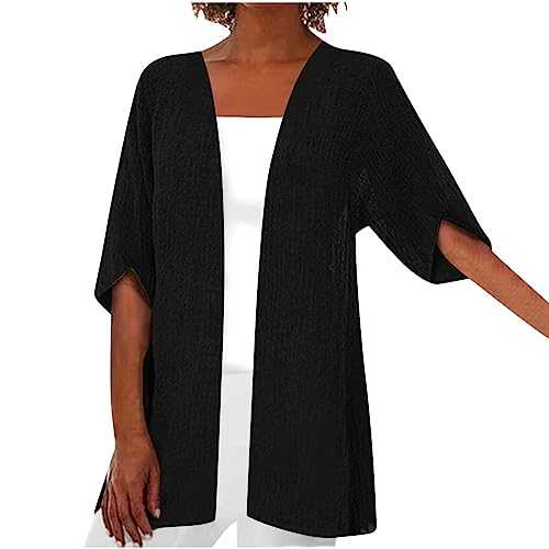 Cotton Linen Cardigans For Women UK Clearance Open Front Solid Color Beachwear Short Sleeve Ladies Cardigans Summer Waterfall Beach Loose Sweater Jacket Casual Kimonos Plus Size Lightweight