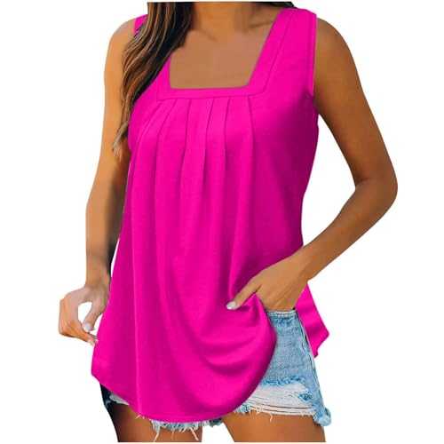 Women's Tank Tops Loose Fit Cotton Solid Color Gym Vest Blouses Casual Sleeveless round Neck Longline Cami Shirts Lightweight Soft Sports Vests Summer Pleated Tops for Ladies and Girls