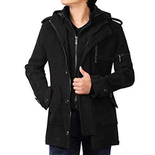 YOUTHUP Mens Hooded Wool Coats Regular Fit Winter Tweed Trench Coat Casual Outerwear Military Peacoats