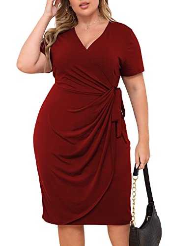 Nemidor Womens Plus Size Ruched Wrap Dress Pleated Bodycon Midi Casual Party Work Dress NEM303