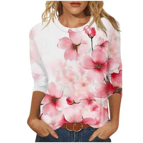 Keepink 3/4 Length Sleeve Womens Tops Crew Neck Loose Fit Shirts Cute Printed Striped Pullover T-Shirt Dressy Casual Top Summer Tunics Blouses Holiday Work Clothes Plus Size S-5XL Sale