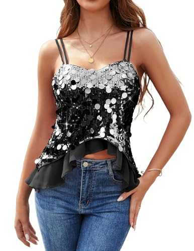Women's Sparkly Sequin Vest Top with V Neck Sleeveless Party Going Out Tops for Ladies Camisole