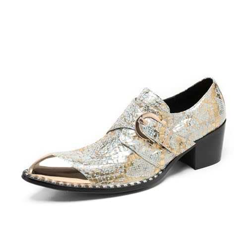 Men's Leather Metal Pointed Toe Dress Loafers Fashion Slip on Derby Oxfords Shoes Business Casual Wedding Party Dress Shoes for Men