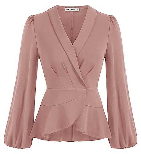 GRACE KARIN 2024 Women's Elegant Tops Long Sleeve Wrap Tops V Neck Formal Work Blouses Dressy Shirts