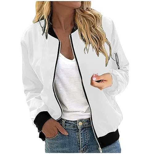 Jackets for Women Uk Full Zipper Long Sleeve Bomber Jacket Women Casual Trendy Varsity Baseball Coat Street Lightweight Flight Jackets Laides Windbreaker Winter Coats Cardigan Outwear with Pockets