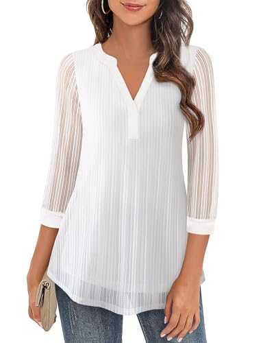 Flikity Womens Blouses 3/4 Sleeve Tunic Tops Loose Flowy V Neck Chiffon Top Double Layers Mesh Shirts S-3XL