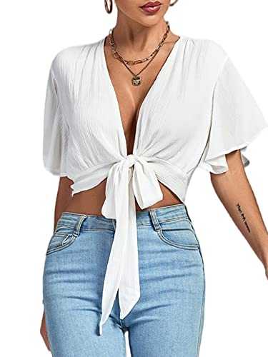 LYANER Women's Deep V Neck Tie Front Knot Wrap Ruffle Short Sleeeve Crop Top Blouse