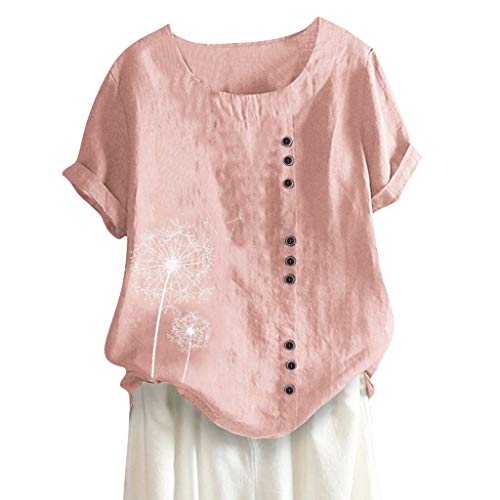 Womens Linen Tops UK 2025 Short Sleeve Plus Size Cotton Linen Shirts Summer Button Down Blouses Ladies Casual Round Neck Tee Comfy Solid Loose Fit Tops T-Shirts