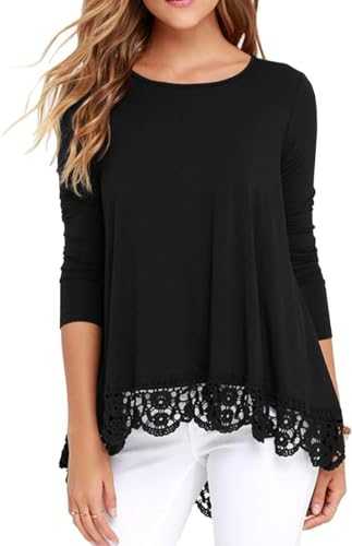 Womens Tops Lace Hem Short Long Sleeve Crew Neck Shirts A Line Tunic Blouse for Women UK