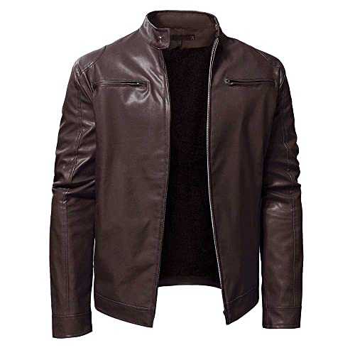 Men Faux Leather Jacket PU Motorcycle Bomber Slim Fit Soft Touch Classic Stand Collar Casual Zipped Coat Thicken Warm Windproof Thermal Windbreaker Plush