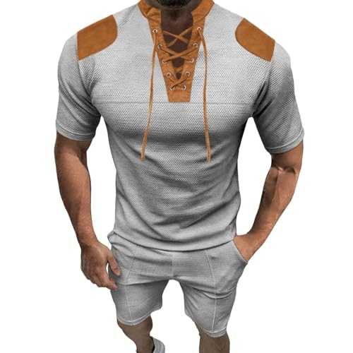 Uwdiohq Mens Suits Short Sleeve Quarter Drawstring Pullover Tops with Shorts Solid Color Printed Stand Collar with Patch Blouse Summer Fashion Set Casual Sports Suits for Outdoor