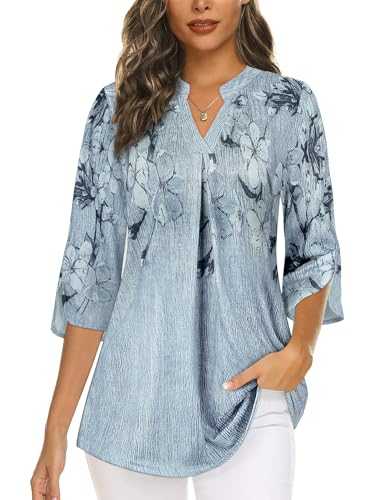 Womens V Neck Tops 3/4 Sleeve Pleated Floral Loose Casual Blouse Dressy Tunic Shirts