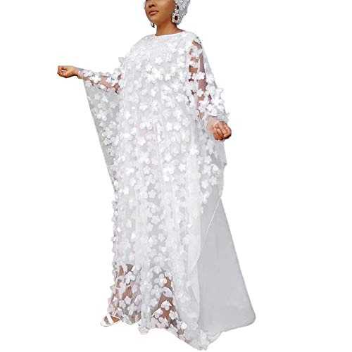 HD Afircan Women Applique Flower Dress Boat Neck Caftan Chiffon Gown One Size