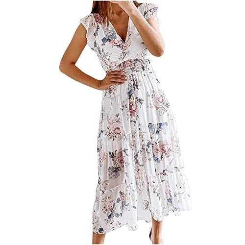 AMhomely Women Dresses Sale Clearance Party Elegant Bohemian V-Neck Loose Short Sleeve Ruffles Print Mini Dress for Special Occasions Plus Szie UK Size S-5XL