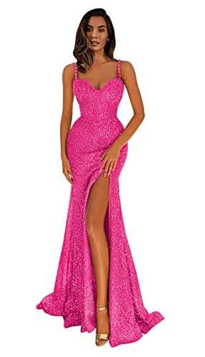MRECA Sparkly Prom Dress for Women Sequin Mermaid Spaghetti Straps Long Formal Evening Dresses with Slit