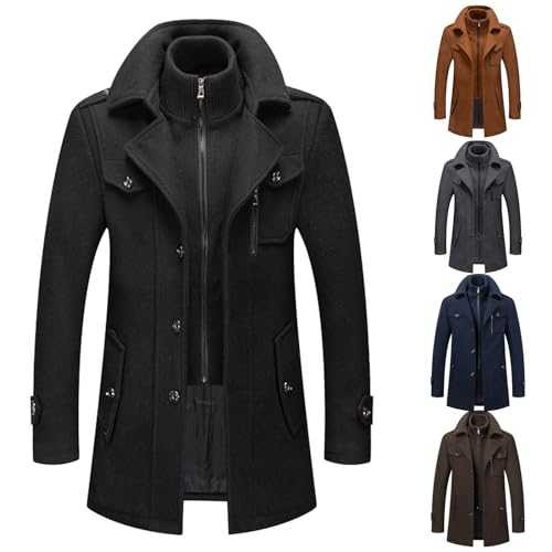 Mens Trench Coat Mid Length With Removable Zip Up InnerCollar Regular Fit Winter Trench Coat 3/4 Length Jackets With Pocket Thick Business Casual Trenchcoat Mens Dress Overcoat