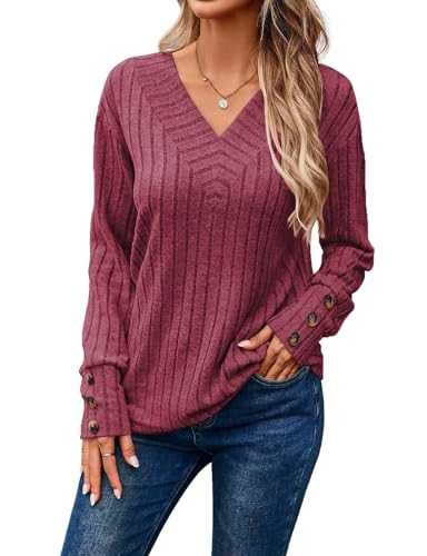 Akiooue Womens Long Sleeve Tops Casual V Neck Lightweight Knit Jumpers Loose Stripe Sweater Casual Button Sweateshirts