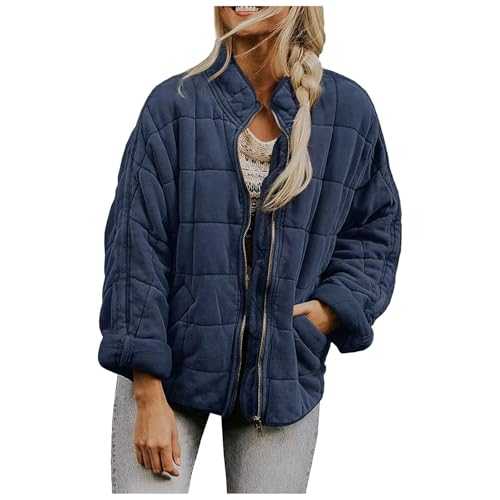 Winter Coats for Women UK Women Stand Collar Quilted Jackets Solid Color Long Sleeve Full Zip Padded Coat Fall Winter Lightweight Jacket Outerwear