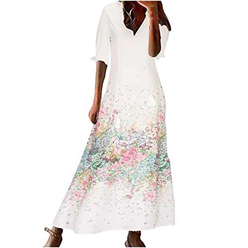 Summer Dresses for Women UK Clearance Casual Swing Maxi Sundress Sale Bohemian Floral Print Ruffle 3/4 Sleeve V Neck Tiered Flowy Dress with Tassel Drawstring Plus Size My Order